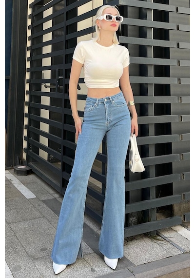 Açık Mavi Yırtmaçlı Likralı Çan Paça Jean Pantolon Mg1518