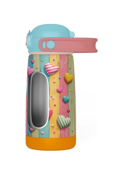 Puccon 420 Ml Turkuaz Pembe Kız Çocuk Kalp Desenli Çelik Matara - 60012