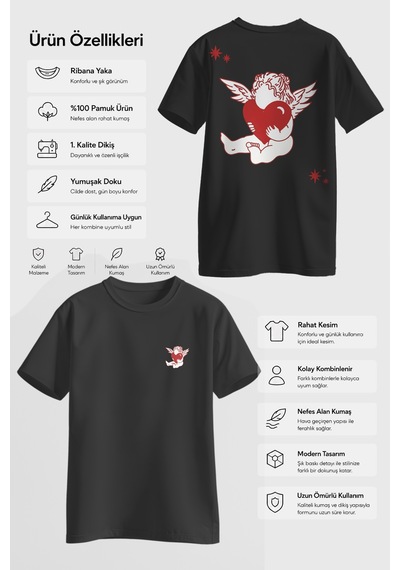 Spoyi Angel Heart Tasarımlı %100 Pamuk Yarım Oversize Siyah T-shirt