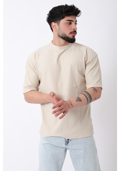 Çizgili Oversize Bisiklet Yaka Tişört Stu-2452 30463 Bej