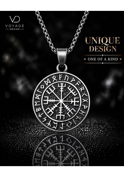 Paslanmaz Çelik Rün Harf Detaylı Kolye Çift Taraflı Vegvisir Viking Pusula Kolye Antik Gümüş