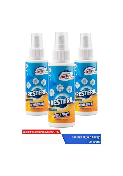 Resteril Çok Amaçlı Dezenfektan Sprey Durulanmayan Alkolsüz Koku Giderici Cpap Maske Dermastamp Dermaroller Alet Dezenfektanı 3 x 100 ML