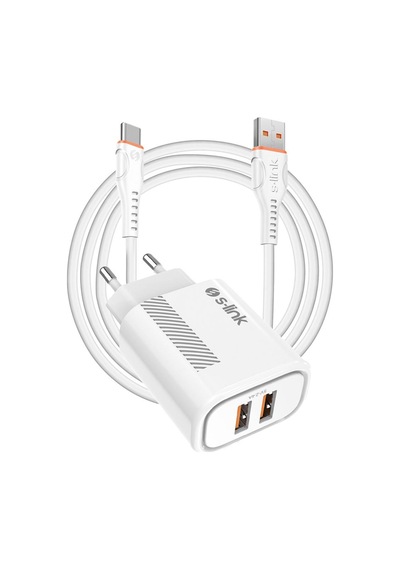 S-link Sl-ec50 Sl-ec50t 5v 2400ma Type-c Kablolu 2 Usb Çıkışlı Beyaz Ev Şarj Adaptörü