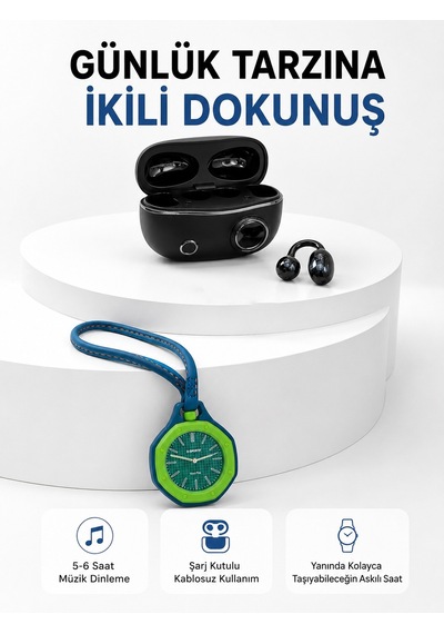 Şarj Kutulu Kablosuz Kulaklık Ve Yeşil Askılı Analog Çanta Saati  İkili Set -   Lisinya