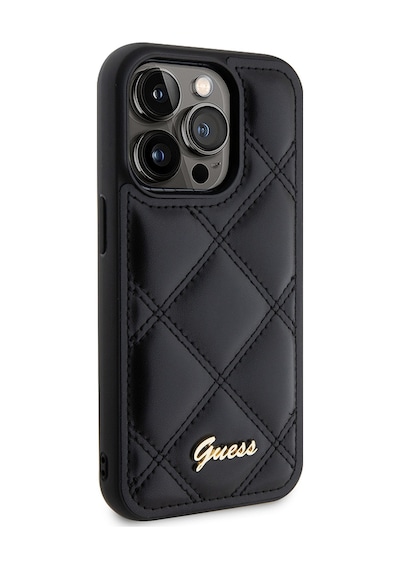 Apple iPhone 14 Pro Max Uyumlu Kılıf Guess  Lisanslı Pu Deri Metal Yazı Logolu Kapitone Kapak Siyah
