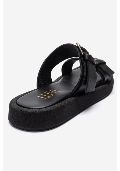 Luvishoes Dorel Siyah Hakiki Deri Tokalı Kadın Terlik