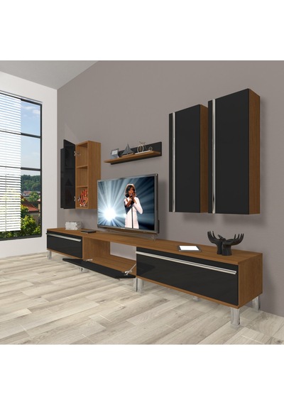 Decoraktiv Eko 8d Mdf Krom Ayaklı Tv Ünitesi Tv Sehpası Ceviz - Siyah