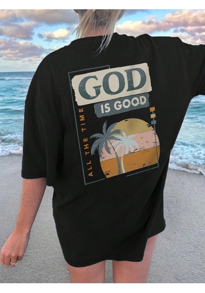 God Is Good T-shirt - Siyah Baskılı Oversize Bisiklet Yaka Kısa Kol Tişört Siyah