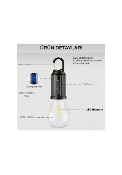 Taşınabilir Askılı Ampul Kamp Lambası,solar Ve Usb Type-c Şarjlı Led Ampul Lamba,su Geçirmez,iç/dış Mekan,kamp,çadır,bahçe,aydınlatma Şeffaf