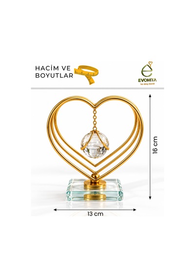 Evonıta Dekoratif Cam Küreli Kalp Biblo Altın Renk Kalp Tasarımlı Kristal Tabanlı Masa Üstü Salon Konsol Dekoru