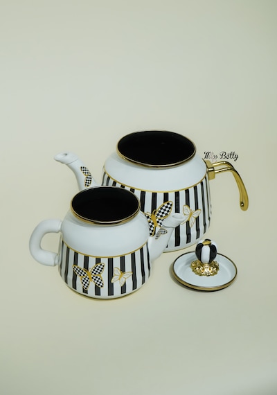 Papillon Emaye Çaydanlık Dekoratif Vintage Çaydanlık Takımı Beyaz - Siyah