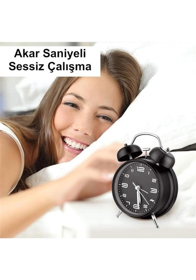 Ayrex Valkyrie Sessiz Akar Saniyeli 16cm Alarm Masa Çalar Saat Yüksek Zil Sesi Büyük Boy Siyah