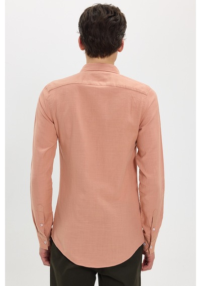 Tudors Erkek Slim Fit Dar Kesim %100 Pamuk Düğmeli Yaka Flam Keten Turuncu Gömlek-50269