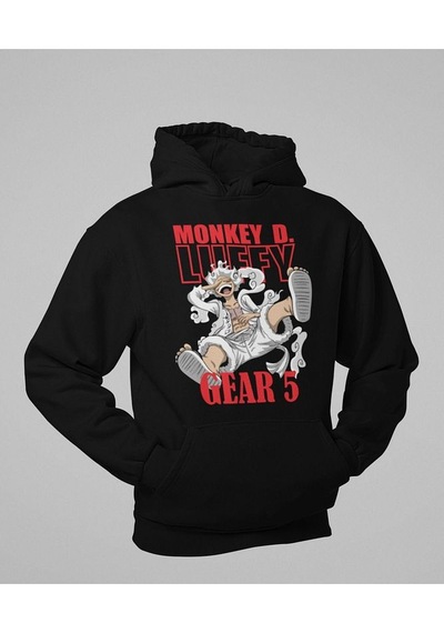 Monkey D. Luffy Gear 5 Baskılı Unisex Oversize Anime Hoodie Siyah
