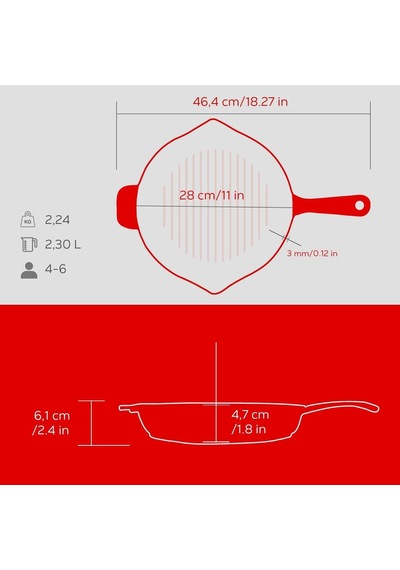 Metal Saplı 28 Cm Kırmızı İç Krem Döküm Yuvarlak Izgara Tava Çok Renkli