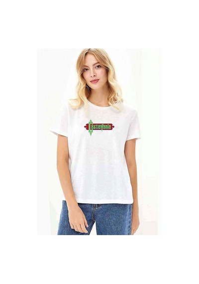 Castlevania Pixel Yazi Baskılı Beyaz Kadın Tshirt