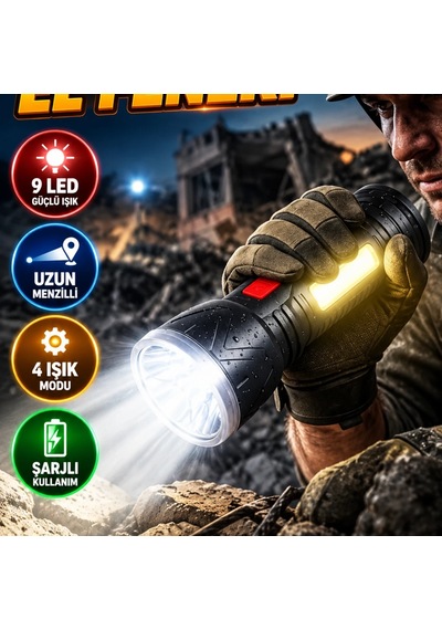 9 Led Şarjlı El Feneri Uzun Menzilli, 4 Işık Modlu Çok Renkli
