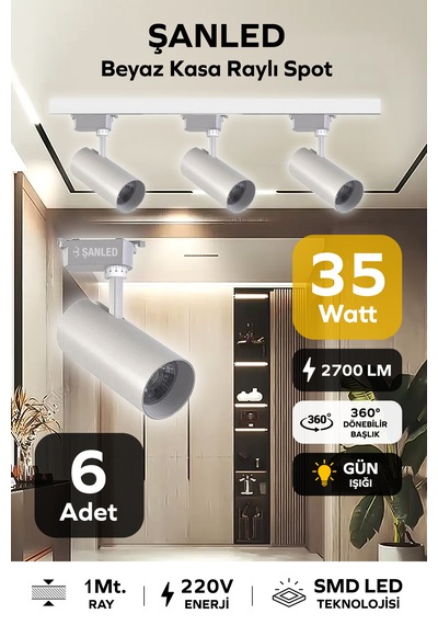 Led Beyaz Kasa Gün Işığı 35w Raylı Spot / 6 Adet 1 Metre Ray