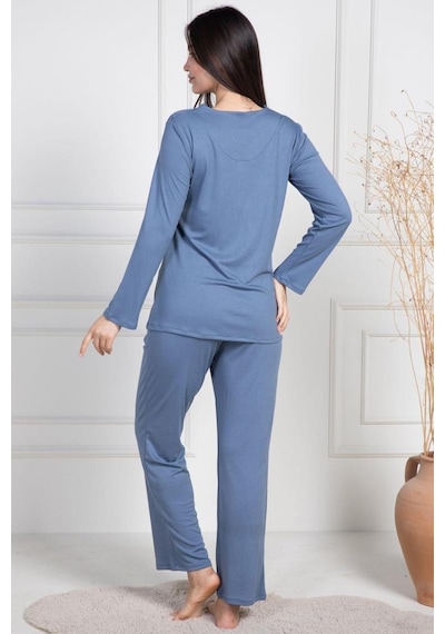 Mecit Pijama Mecit 6104 Bayan İndigo Büyük Beden Uzun Kollu Pijama Takımı İndigo