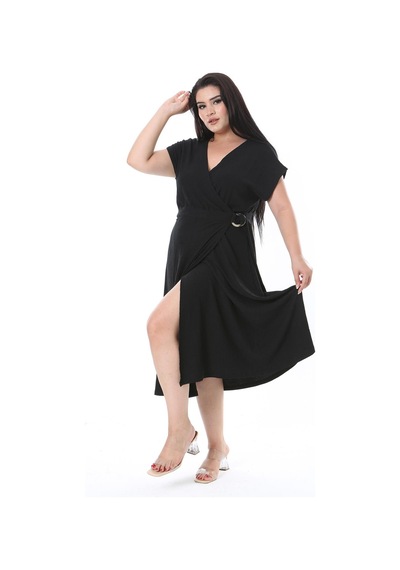 Şans Kadın Büyük Beden Siyah Bürümcük Kumaş Beli Tokalı Anvelop Elbise 65n38314-siyah Siyah