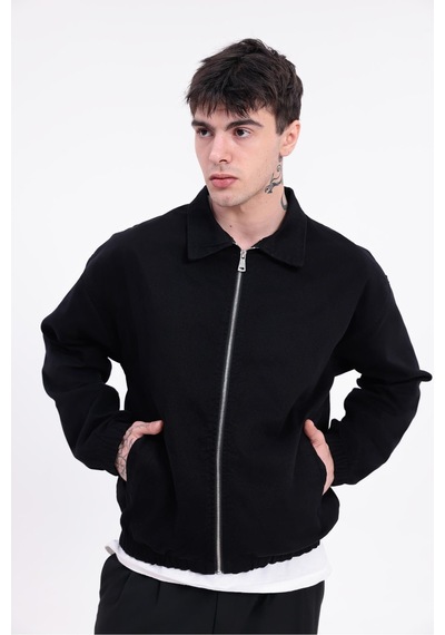 Erkek Gabardin Kumaş Fermuarlı Oversize Beli Lastikli Mevsimlik Ceket-265 Siyah
