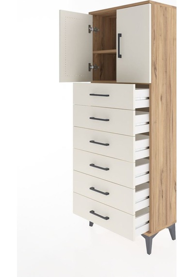 Arges Dolap 2 Raflı 6 Çekmeceli 2 Kapaklı 60x30x163 Çam-aytaşı Çam