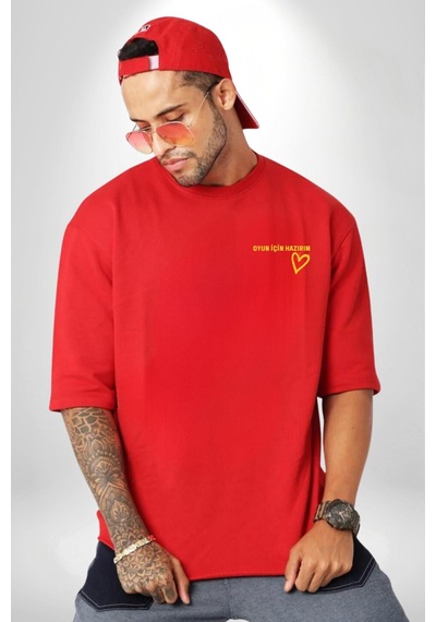 Oyun İçin Hazırım Kalp Kırmızı Oversize Unisex Ön Ve Sırt Baskılı Tişört Kırmızı