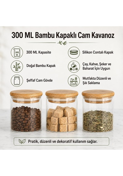 3'lü 300 Ml Bambu Kapaklı Cam Kavanoz Seti, Silikon Contalı Şeffaf Baharatlık Ve Saklama Kabı, Çay Kahve Şeker Baharat Kuruyemiş Kavanozu Çok Renkli