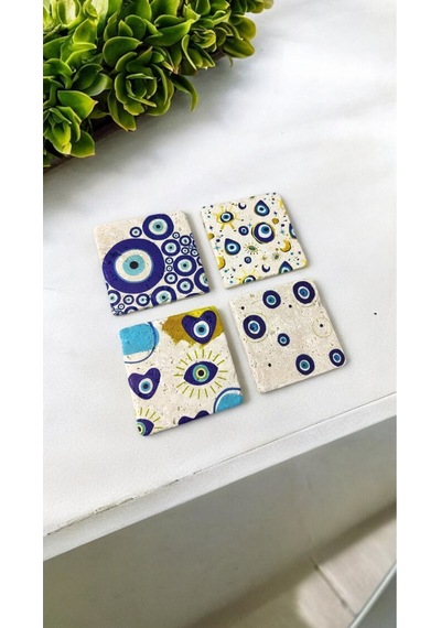 Doğal Taş Bardak Altlığı Nazar Boncuğu Baskılı 4'lü Set - Evil Eye Stone Coasters Çok Renkli