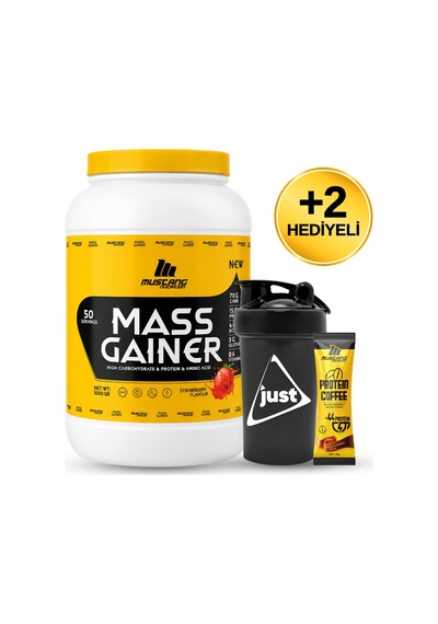 Mustang Nutrition Mass Gainer Karbonhidrat Tozu 5000 Gr 50 Servis Çilek + Shaker + Protein Kahve Hediyeli Çilek Aromalı