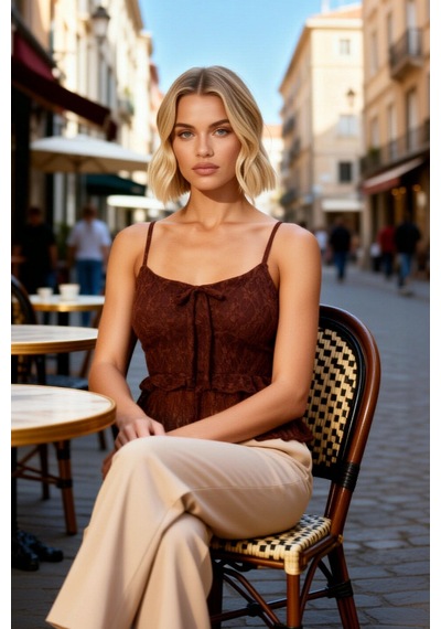Benerly Kadın Bluz V Yaka Askılı Kolsuz Fitted Dantel Örme Volanlı Fırfır Kahverengi Benerly Kadın Bluz V Yaka Askılı Kolsuz Fitted Dantel Örme Volanlı Fırfır Kahverengi