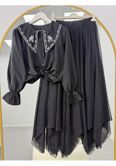 Lovie Moda Kadın Nakışlı Bebe Yaka Taş Detaylı Etekli Takım - Siyah