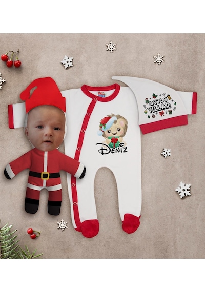Bk Kids Bk Gift Kişiye Özel Yılbaşı Temalı Tulum Zıbın Kukuletalı Şapka Ve Bebek Yastık Hediye Seti-4 Çok Renkli