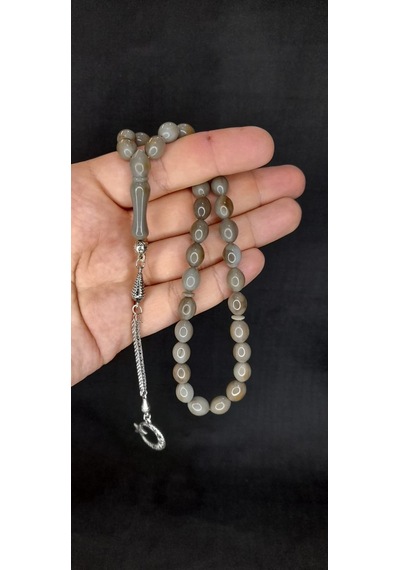 Anemore Collection Sıkma Kehribar Tesbih Gri Renk Beyzi Kesim T-426