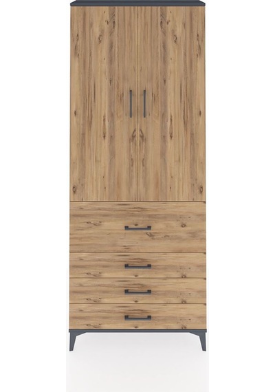 Arges Dolap 2 Raflı 4 Çekmeceli Tek Askılı 88x30x221 Antrasit-çam Antrasit