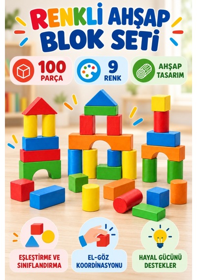100 Parça Renkli Ahşap Blok Seti 9 Renkli Eğitici Yapı Oyuncağı Farklı Geometrik Şekilli Oyun Seti
