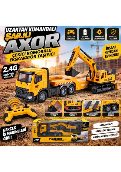 2.4g Uzaktan Kumandalı Dev Boy 52 Cm Şarjlı Axor Römorklu Ekskavatör İş Makinesi Oyuncak