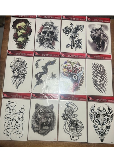 Airbrush Tattoo Büyük Boy Yapıştırma Geçici Dövme Seti 12'li Seri2