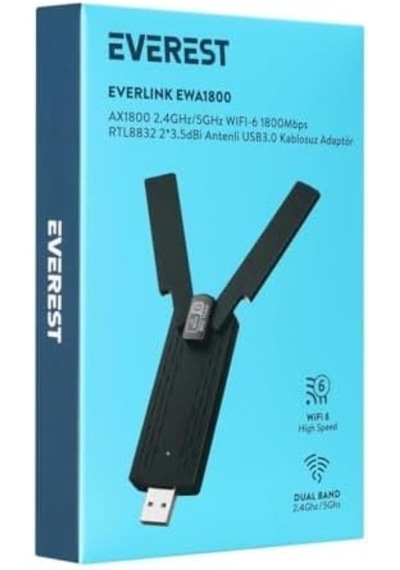Everlınk Ewa1800 1800mbps 2.4ghz/5ghz Wıfı-6 Ax1800 Rtl8832 2 3.5dbi Usb3.0 Kablosuz Adaptör
