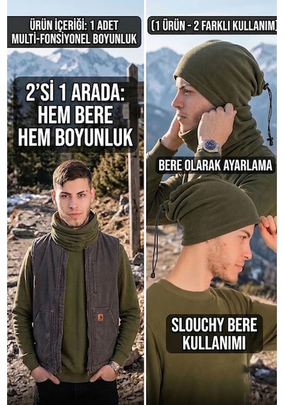 Ritagarcia Erkek Polar Boyunluk Bere 2'si 1 Arada İpli Ayarlanabilir Çok Amaçlı Kışlık Boyunluk Bere Haki