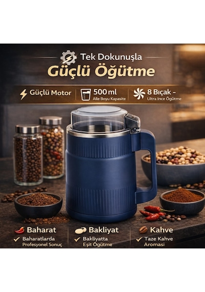 Polham Süper Güçlü Motor 500 Ml Paslanmaz Çelik 8 Bıçaklı Kompakt Baharat, Bakliyat Ve Kahve Öğütücü Mavi
