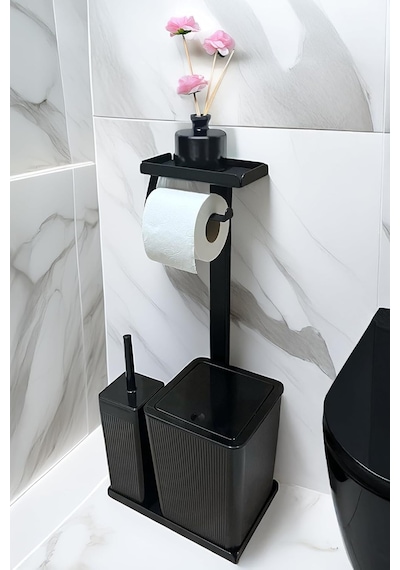3'ü 1 Arada Banyo Seti Tuvalet Kağıtlık, Çöp Kovası Ve Tuvalet Fırça Takımı Set Çizgili Siyah Genel