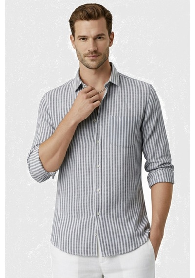 Rizzup Gri Slim Fit %100 Pamuk Çizgili Erkek Gömlek Cepli Yazlık Yeni Sezon Gömlek 2602627