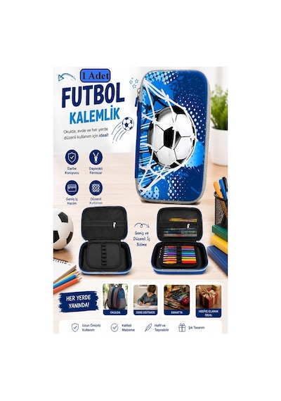 Futbol Kabartmalı Bölmeli Kalemlik 1 Adet P-6011 Erkek Çocuk Okul Kalem Kutusu 3 Boyutlu Sevimli Karikatür Hediyelik Mavi