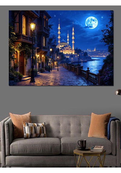 Gece İstanbul Camii Manzarası Dekoratif Kanvas - Mdf Ahşap Tablo