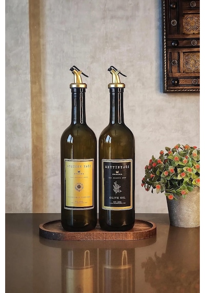 Khakma Stantlı Gold Zeytinyağı Sıvıyağ Şişesi Yağdanlık Seti 750 ML 2'li