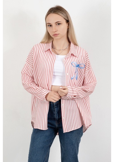 Giysa Kadın Fiyonk Baskılı Oversize Çizgili Gömlek Kırmızı Beyaz - 71567 Kırmızı