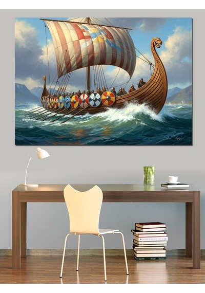 Ahşap Tablo Denizde Yol Alan Viking Gemisi