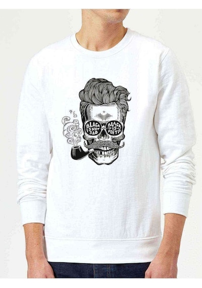 Pipolu Kurukafa Baskılı Beyaz Erkek Örme Sweatshirt