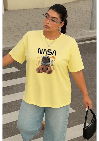 Büyük Beden Nasa Ayıcık Baskılı Unisex Tişört Sarı